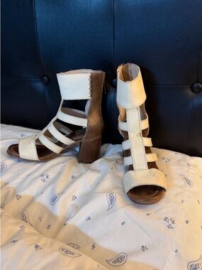 freebird Cream and Brown Strappy Block Heel Sandals